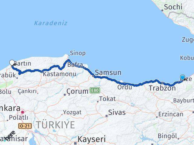 Rize Çayeli Bartın Arası Kaç Km - Yol Haritası