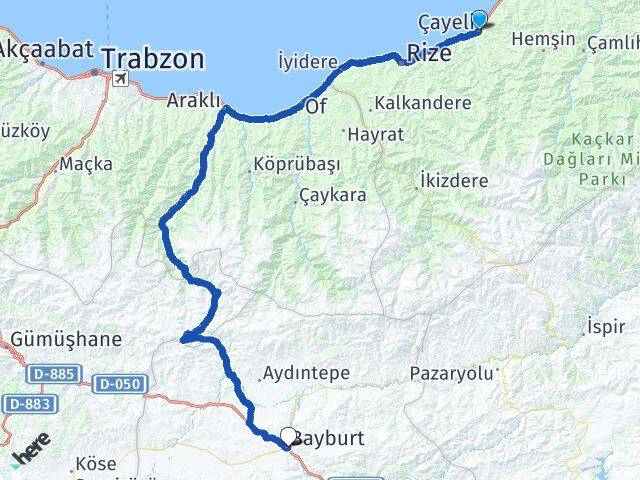 Rize Çayeli Bayburt Arası Kaç Km - Yol Haritası