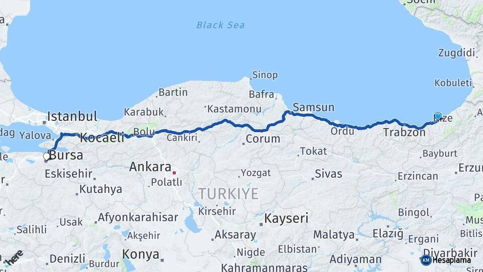 Rize Çayeli Bursa Arası Kaç Km - Yol Haritası