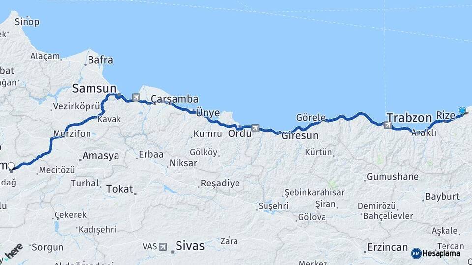 Rize Çayeli Çorum Arası Kaç Km - Yol Haritası