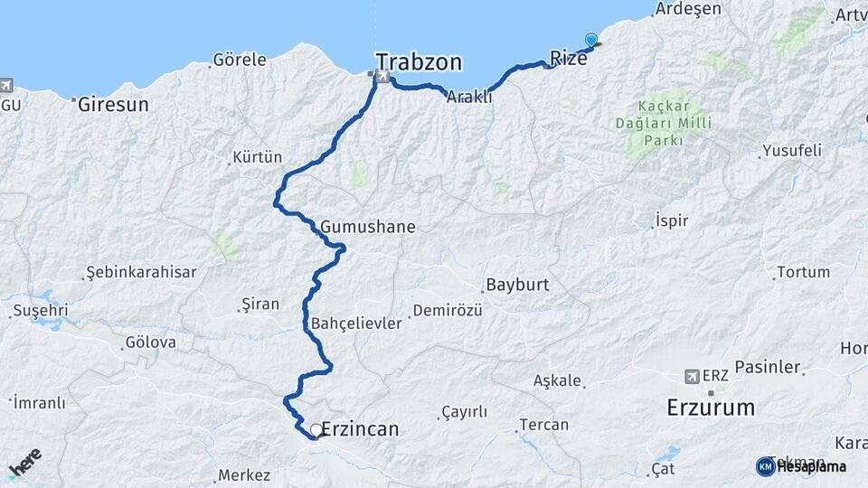 Rize Çayeli Erzincan Arası Kaç Km - Yol Haritası