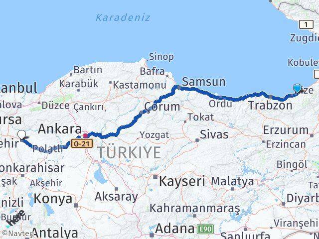 Rize Çayeli Eskişehir Arası Kaç Km - Yol Haritası