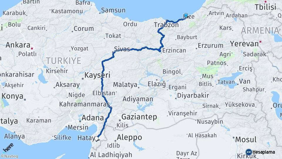 Rize Çayeli Hatay Arası Kaç Km - Yol Haritası