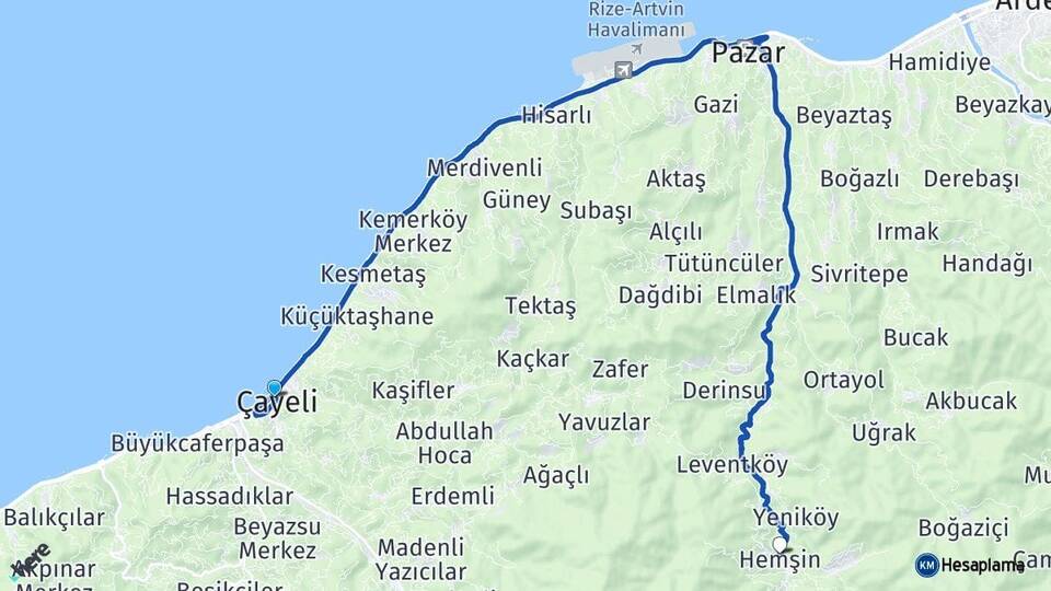 Rize Çayeli Hemşin Arası Kaç Km - Yol Haritası