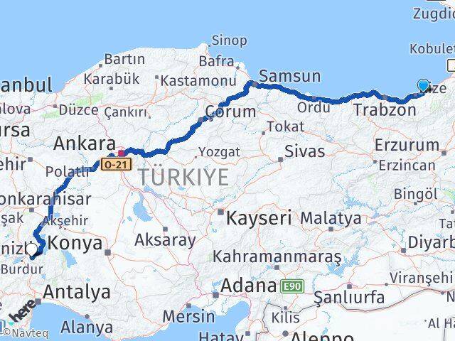 Rize Çayeli Isparta Arası Kaç Km - Yol Haritası