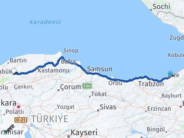 Rize Çayeli Karabük Arası Kaç Km - Yol Haritası
