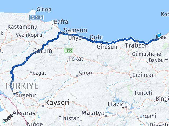 Rize Çayeli Kırşehir Arası Kaç Km - Yol Haritası