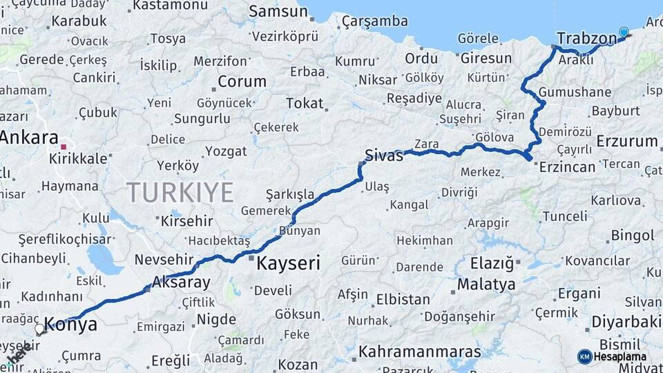 Rize Çayeli Konya Arası Kaç Km - Yol Haritası