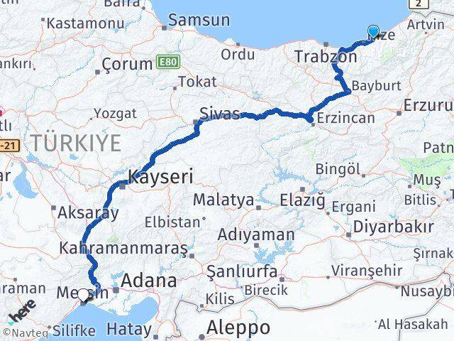 Rize Çayeli Mersin Arası Kaç Km - Yol Haritası