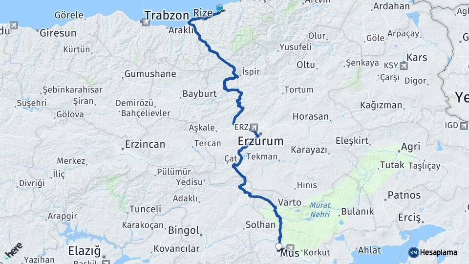 Rize Çayeli Muş Arası Kaç Km - Yol Haritası