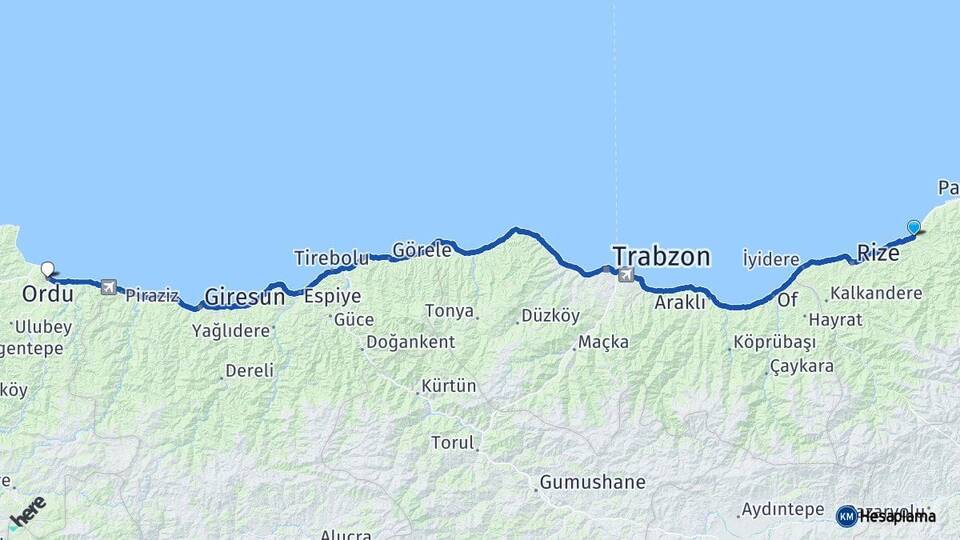 Rize Çayeli Ordu Arası Kaç Km - Yol Haritası