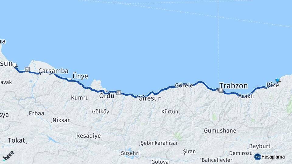 Rize Çayeli Samsun Arası Kaç Km - Yol Haritası