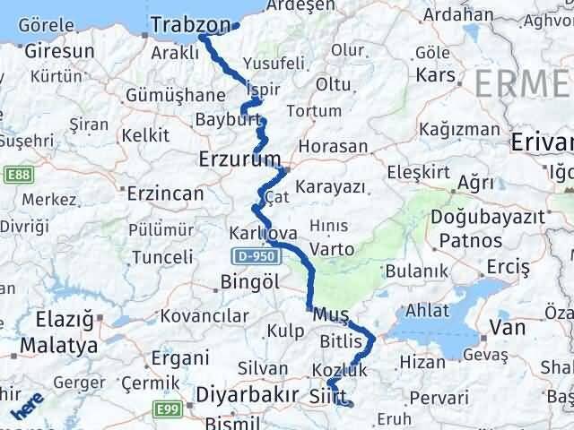 Rize Çayeli Siirt Arası Kaç Km - Yol Haritası