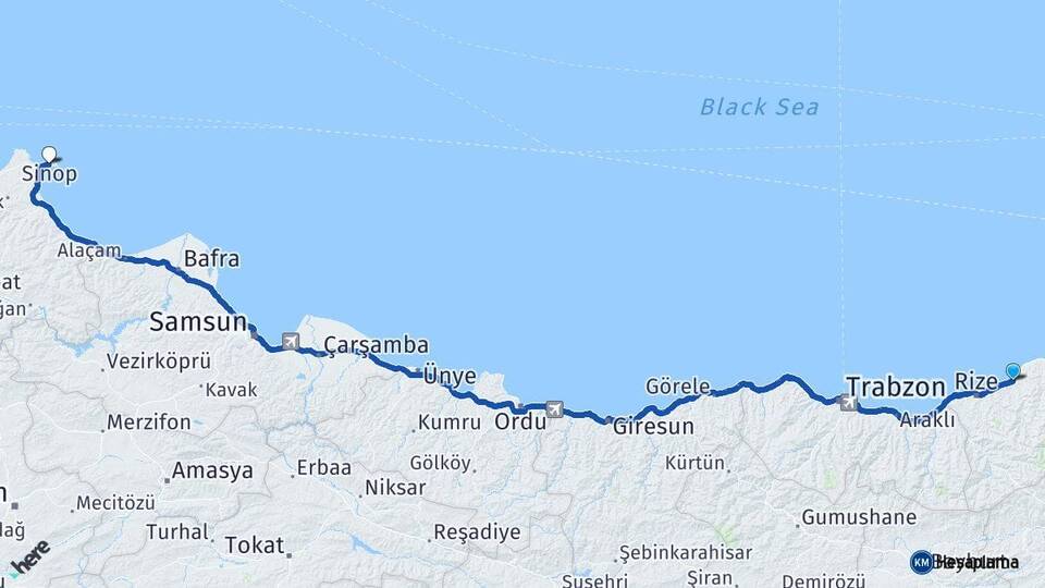 Rize Çayeli Sinop Arası Kaç Km - Yol Haritası