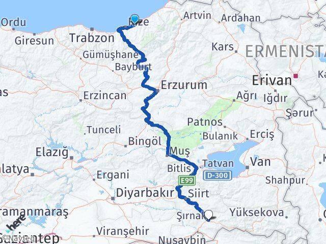 Rize Çayeli Şırnak Arası Kaç Km - Yol Haritası