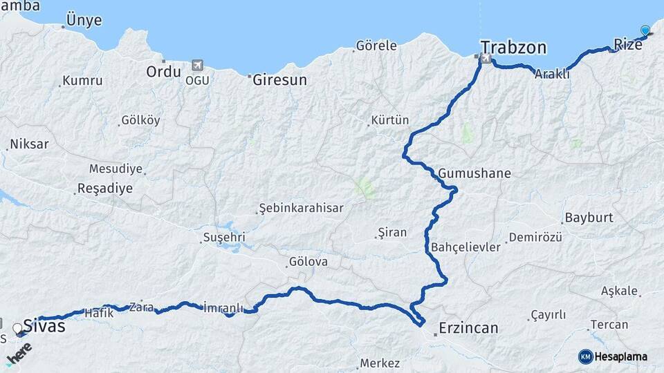 Rize Çayeli Sivas Arası Kaç Km - Yol Haritası