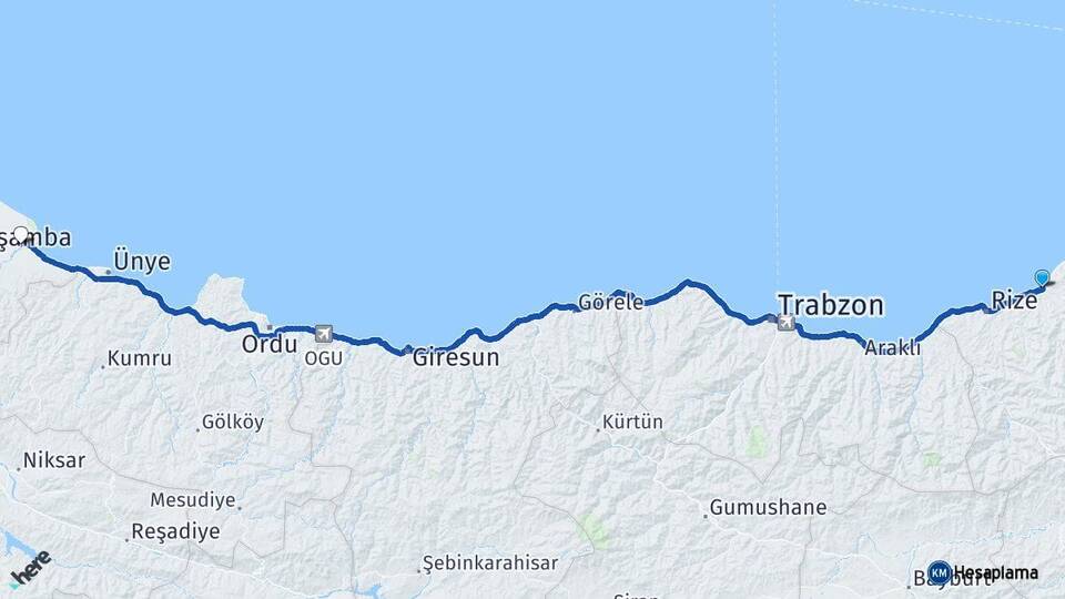 Rize Çayeli Terme Samsun Arası Kaç Km - Yol Haritası