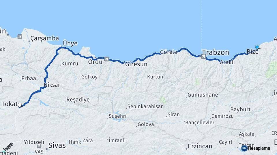 Rize Çayeli Tokat Arası Kaç Km - Yol Haritası