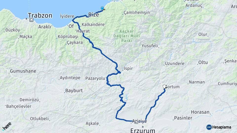 Rize Çayeli Tortum Erzurum Arası Kaç Km - Yol Haritası