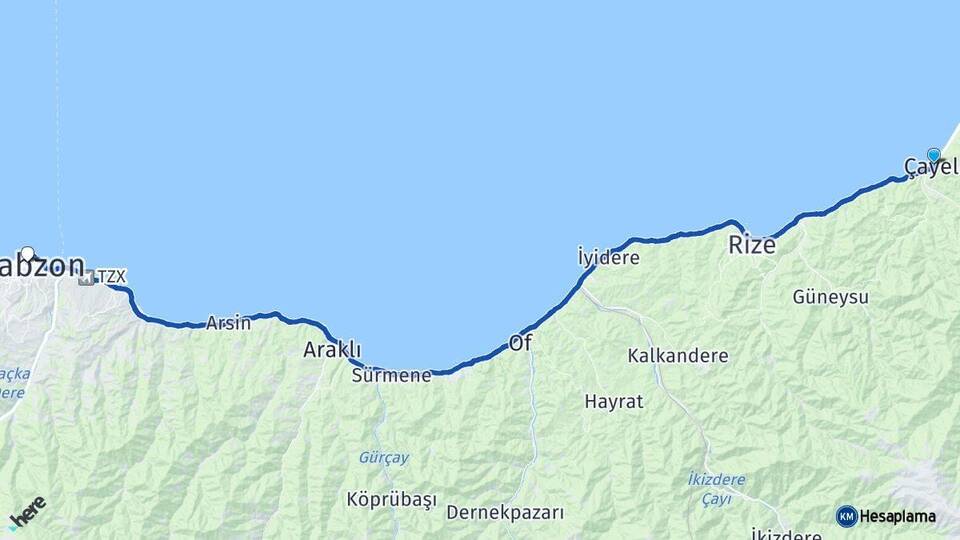 Rize Çayeli Trabzon Arası Kaç Km - Yol Haritası