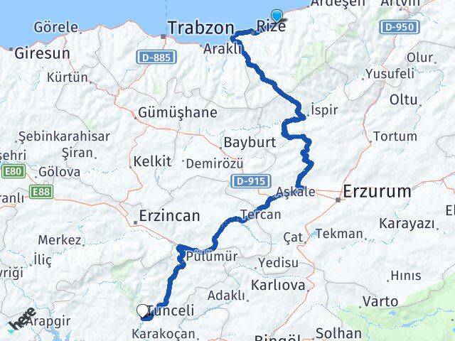 Rize Çayeli Tunceli Arası Kaç Km - Yol Haritası