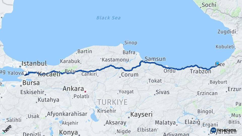 Rize Çayeli Yalova Arası Kaç Km - Yol Haritası