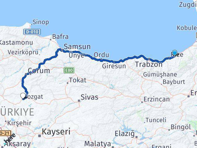 Rize Çayeli Yozgat Arası Kaç Km - Yol Haritası