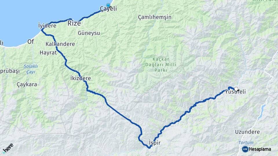 Rize Çayeli Yusufeli Artvin Arası Kaç Km - Yol Haritası