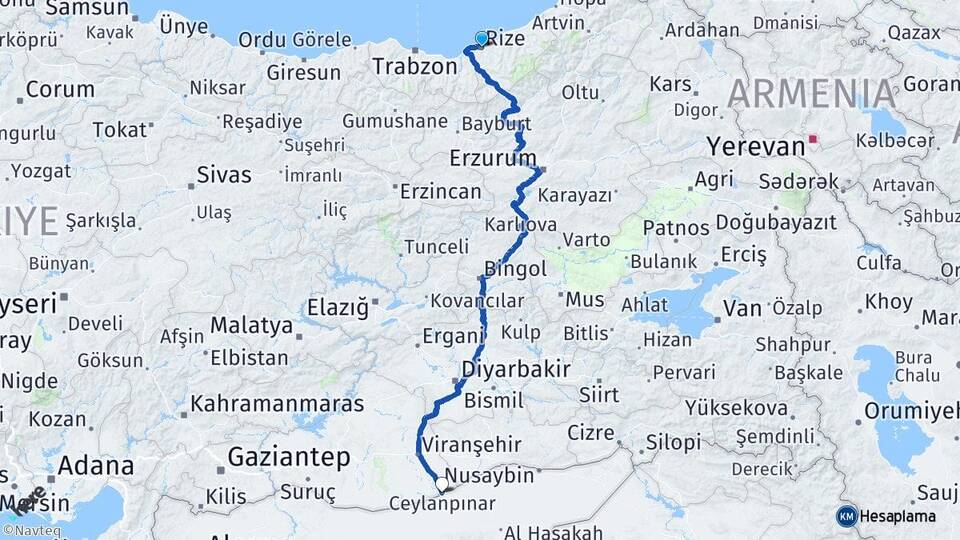 Rize Ceylanpınar Şanlıurfa Arası Kaç Km - Yol Haritası