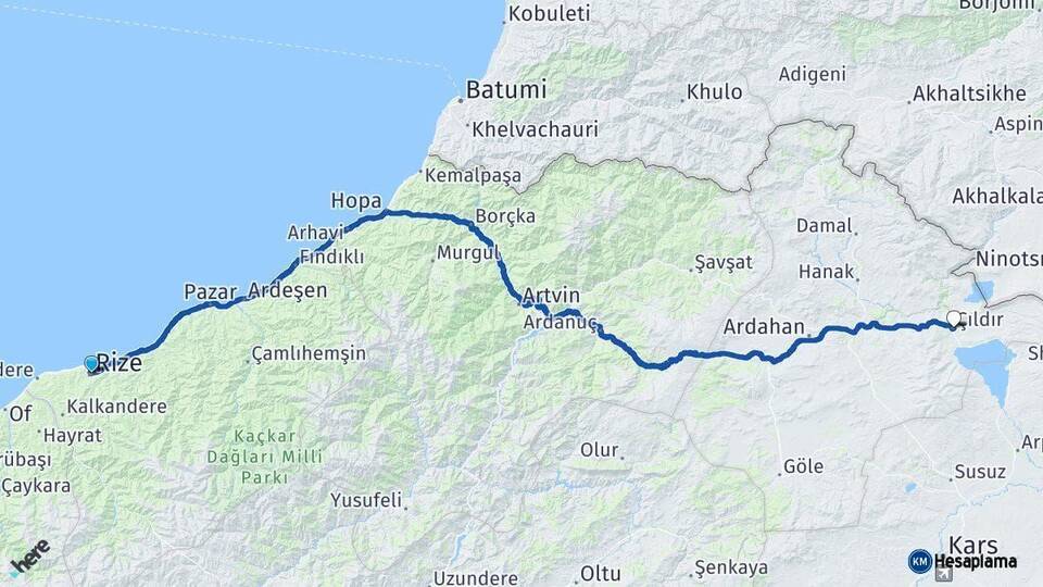 Rize Çıldır Ardahan Arası Kaç Km - Yol Haritası