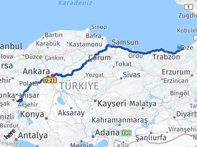 Rize Çobanlar Afyonkarahisar Arası Kaç Km - Yol Haritası