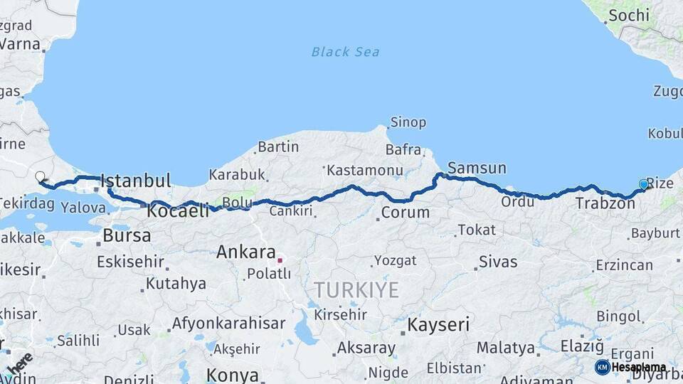 Rize Çorlu Tekirdağ Arası Kaç Km - Yol Haritası