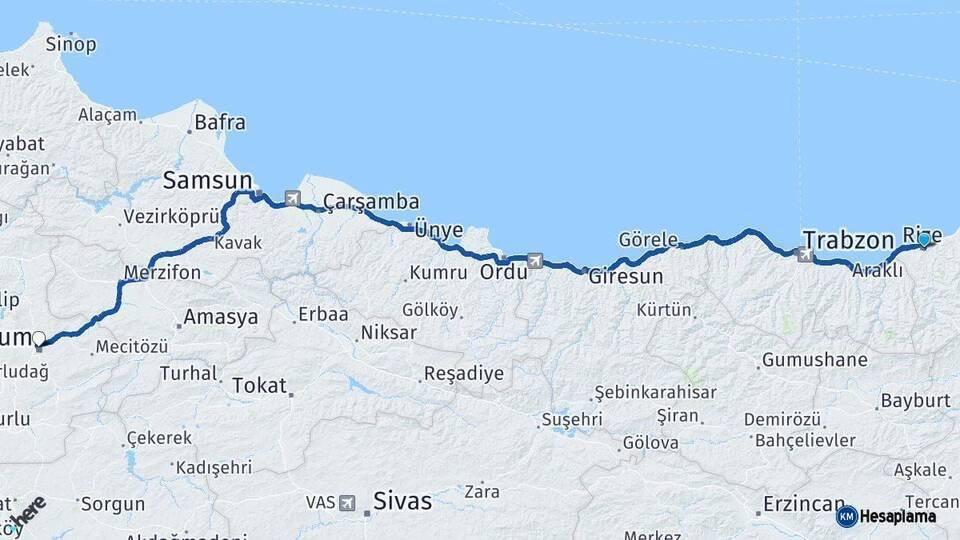 Rize Çorum Arası Kaç Km - Yol Haritası