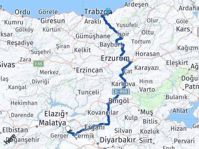 Rize Çüngüş Diyarbakır Arası Kaç Km - Yol Haritası