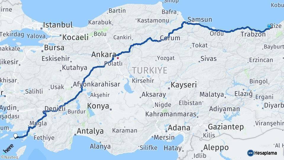 Rize Datça Muğla Arası Kaç Km - Yol Haritası
