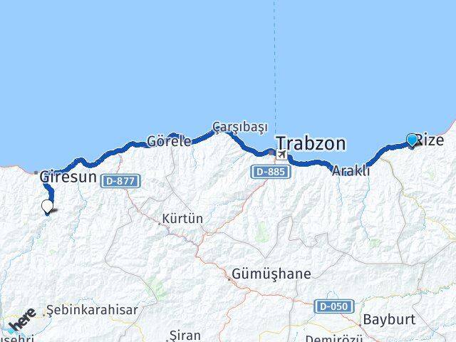 Rize Dereli Giresun Arası Kaç Km - Yol Haritası