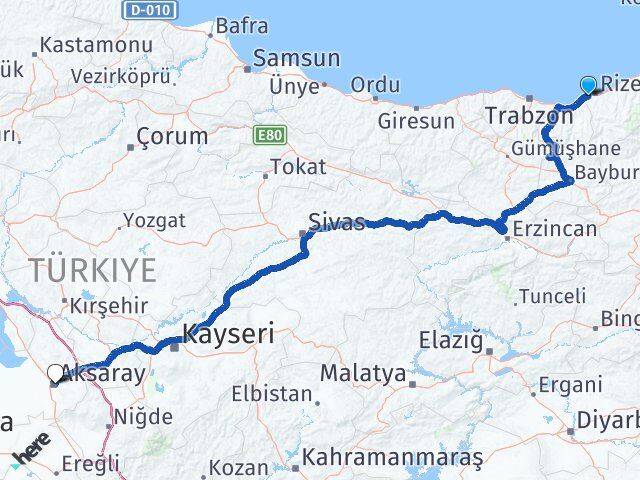 Rize Derepazarı Aksaray Arası Kaç Km - Yol Haritası