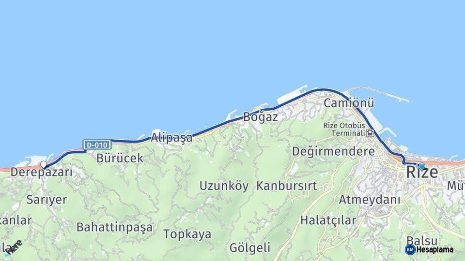 Rize Derepazarı Arası Kaç Km - Yol Haritası