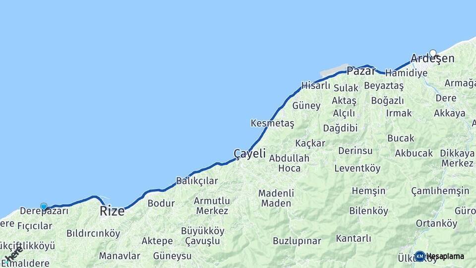 Rize Derepazarı Ardeşen Arası Kaç Km - Yol Haritası