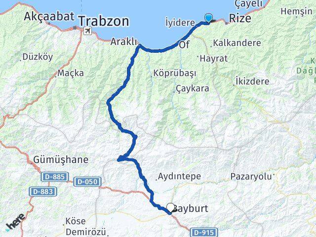 Rize Derepazarı Bayburt Arası Kaç Km - Yol Haritası
