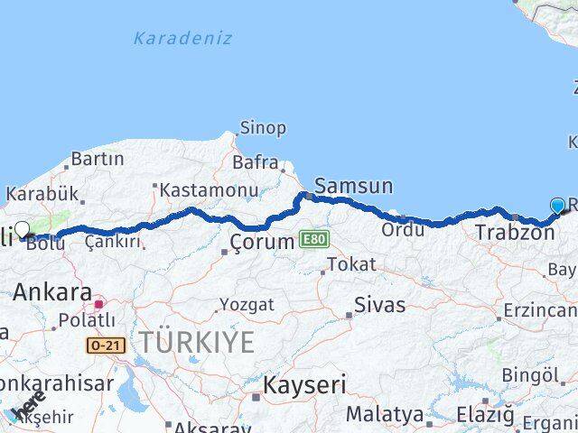 Rize Derepazarı Bolu Arası Kaç Km - Yol Haritası