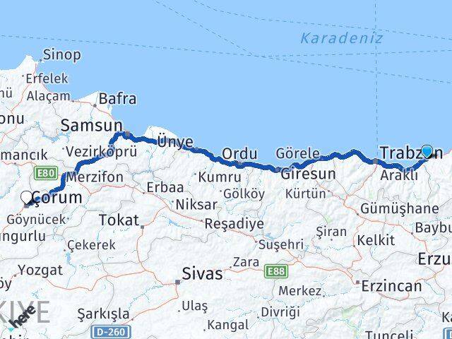 Rize Derepazarı Çorum Arası Kaç Km - Yol Haritası
