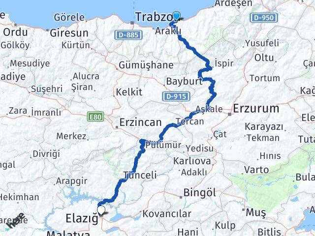 Rize Derepazarı Elazığ Arası Kaç Km - Yol Haritası