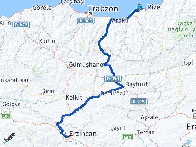Rize Derepazarı Erzincan Arası Kaç Km - Yol Haritası