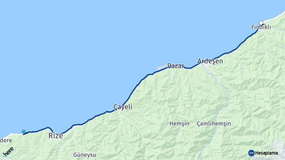 Rize Derepazarı Fındıklı Arası Kaç Km - Yol Haritası