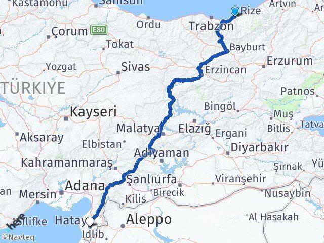 Rize Derepazarı Hatay Arası Kaç Km - Yol Haritası