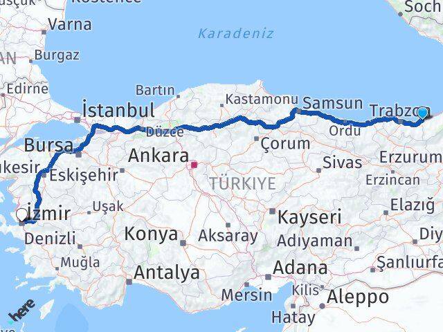 Rize Derepazarı İzmir Arası Kaç Km - Yol Haritası