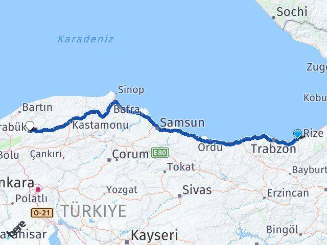 Rize Derepazarı Karabük Arası Kaç Km - Yol Haritası