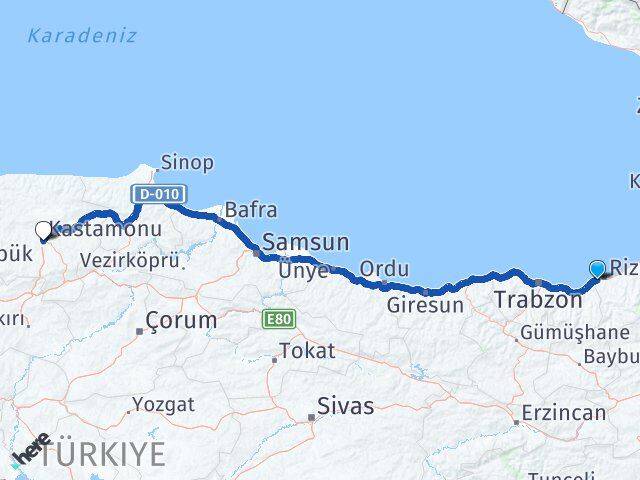 Rize Derepazarı Kastamonu Arası Kaç Km - Yol Haritası