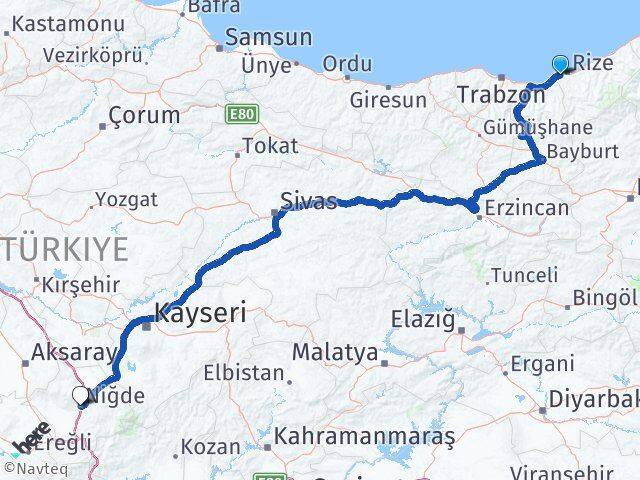Rize Derepazarı Niğde Arası Kaç Km - Yol Haritası